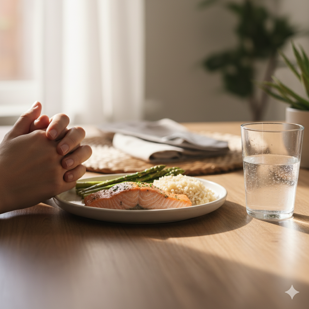 A cozy table setting with a small, well-portioned plate of food, a glass of water, and a person’s hands pausing thoughtfully before eating, warm natural lighting, close-up, lifestyle photography.